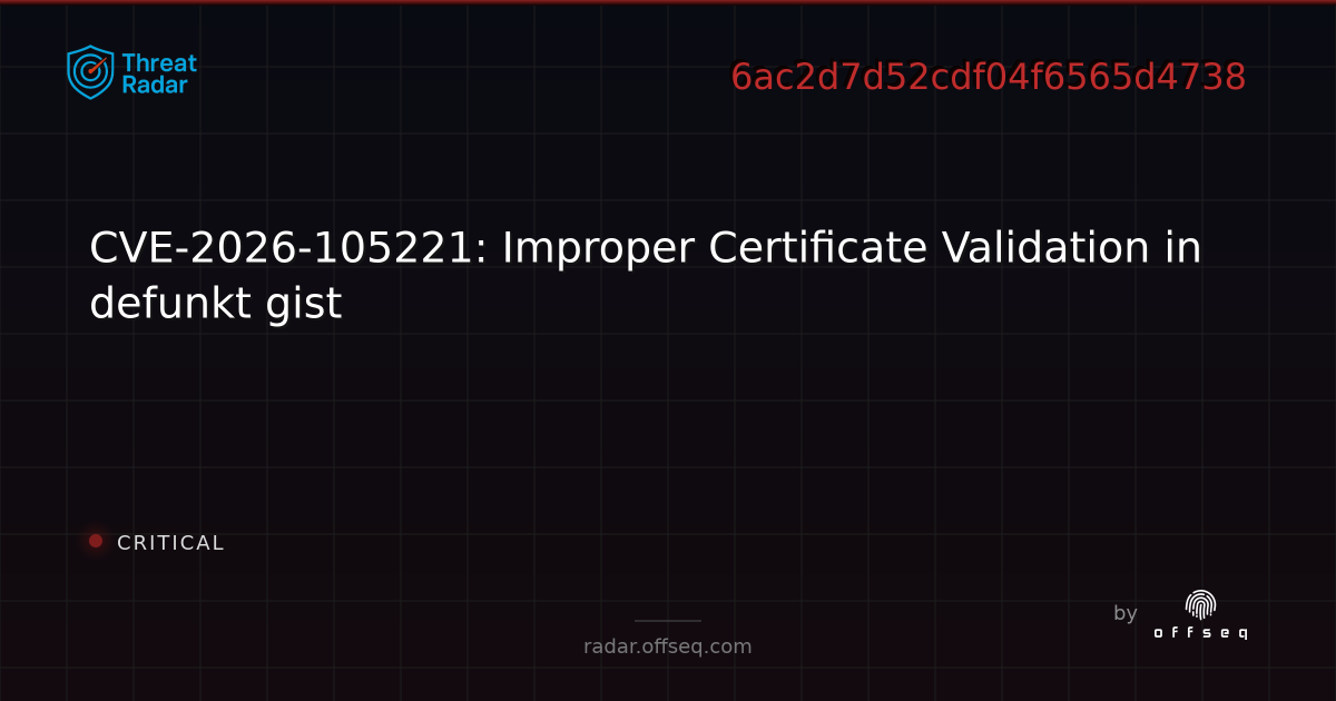 CVE-2026-105221: Improper Certificate Validation in defunkt… | Threat Radar