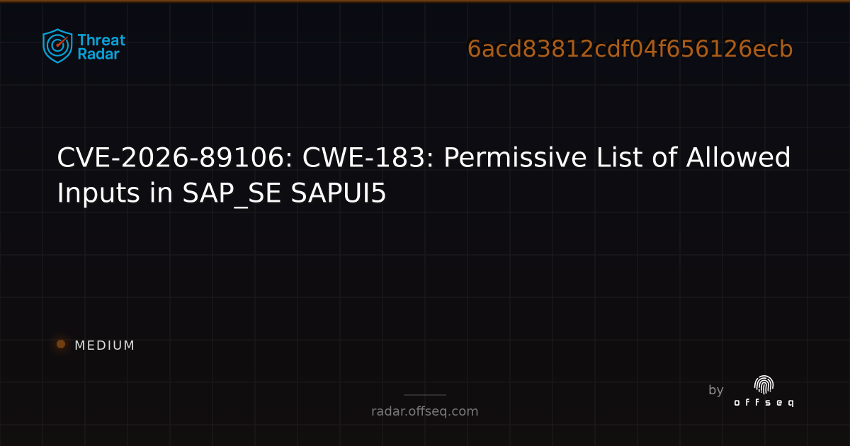 CVE-2026-89106: CWE-183: Permissive List of Allowed Inputs… | Threat Radar