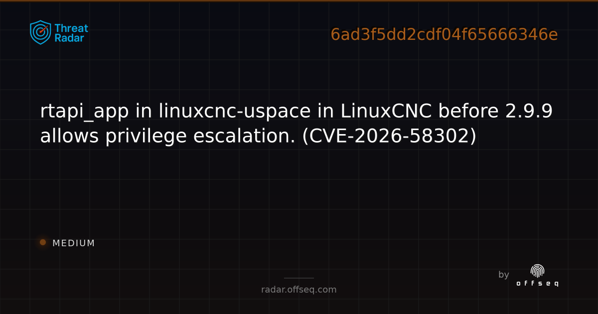 rtapi_app in linuxcnc-uspace in LinuxCNC before 2.9.9… | Threat Radar
