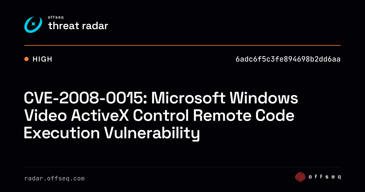 CVE-2008-0015: Microsoft Windows Video ActiveX Control… | Threat Radar