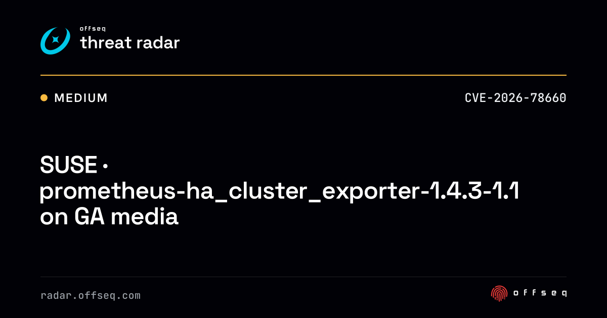 SUSE · prometheus-ha_cluster_exporter-1.4.3-1.1 on GA media | Threat Radar